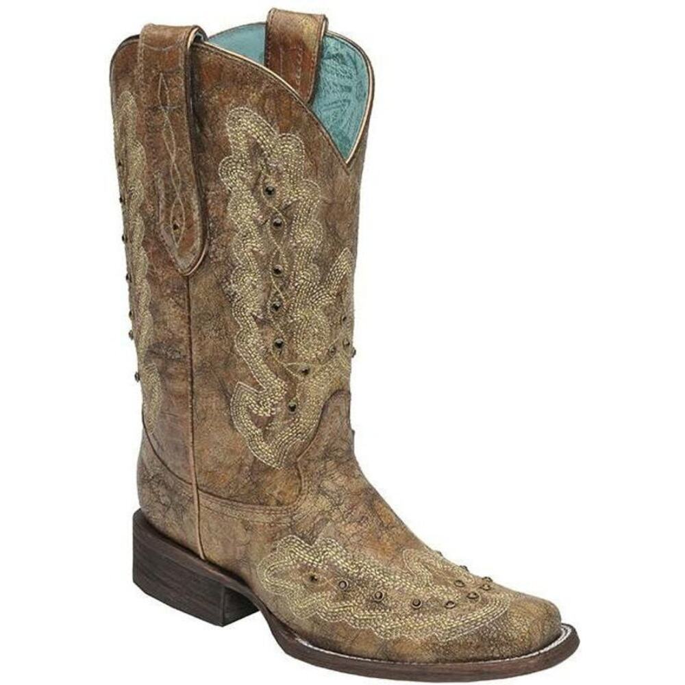 Corral‎ Boots Women’s Metalic Cognac Stitching & Studs Square Toe Western Boots